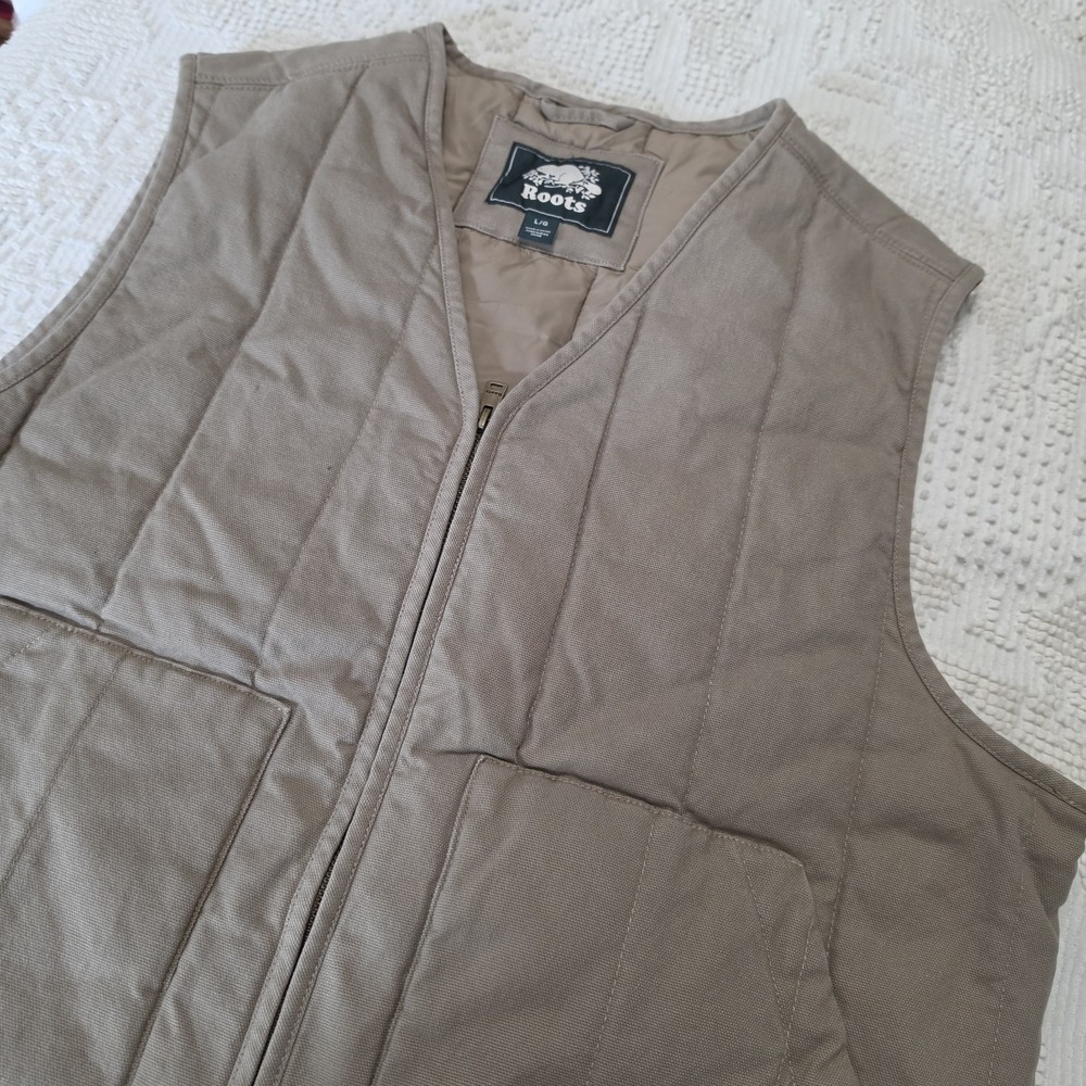 Roots Vest Mens L Tan Canvas Field Utility Hunting Outdoor Chore Gorpcore